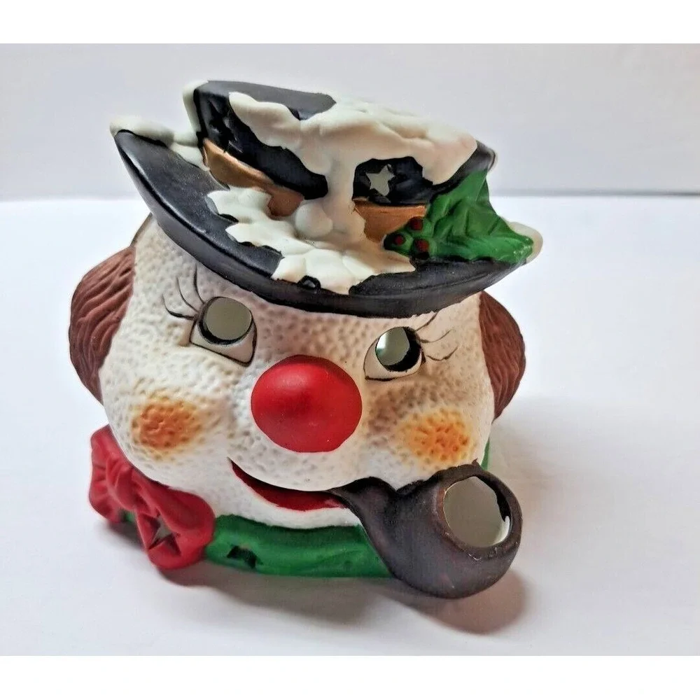 Snowman Head Tea Light Candle Holders Set of 2 w/Snowman Night Light Seasonal